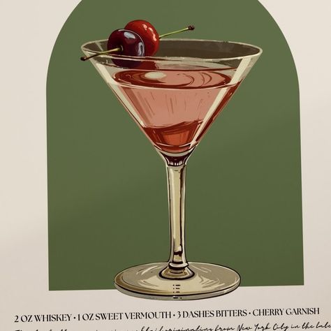 Relish the timeless charm of a Manhattan! 🥃🍒 Featuring whiskey, sweet vermouth, and a dash of bitters, this cocktail is a true classic. Perfect for those who appreciate the elegance of a well-crafted drink! 🍸 #nyfw #weddingmenucard #midcenturyhome #midcenturydesign #retroaesthetic #midcenturydecor #vintageposter #midcenturystyle #vintageposters #autumndecor #WallArtDecor #midcenturyliving #manhattan #manhattanview #manhattan #manhattannyc #manhattancocktail #manhattancocktails #manhattancoc... Manhattan Cocktail Aesthetic, Vintage Cocktail Art, 1950s Cocktails, Vintage Cocktail Poster, Retro Cocktails, Manhattan Aesthetic, Cart Aesthetic, Manhattan Drink, Nye 2024