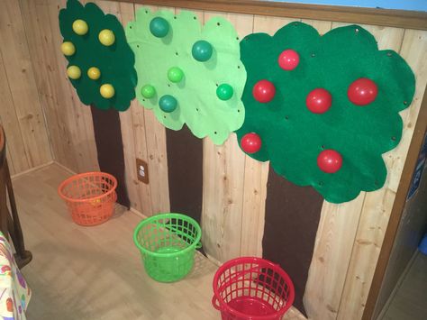 Pretend Play Apple Picking, Pretend Apple Picking, Velcro Apple Tree, Diy Apple Tree Classroom, Apple Picking Pretend Play, Apple Tree Dramatic Play, Apple Picking Crafts For Kids, Apples Gross Motor Activities, Classroom Apple Tree