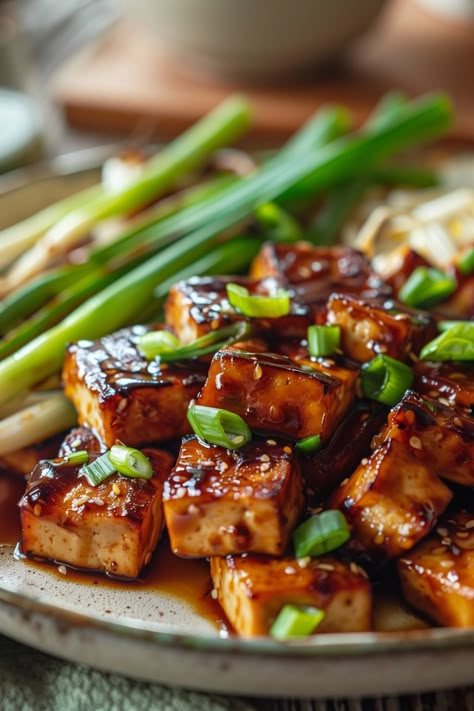 Teriyaki-Grilltofu mit Frühlingszwiebeln Bbq Vegan, Tofu Burger, Heavenly Recipes, Teriyaki Tofu, Milk And Cheese, Tempeh, Vegan Foods, Edamame, Plant Based Protein