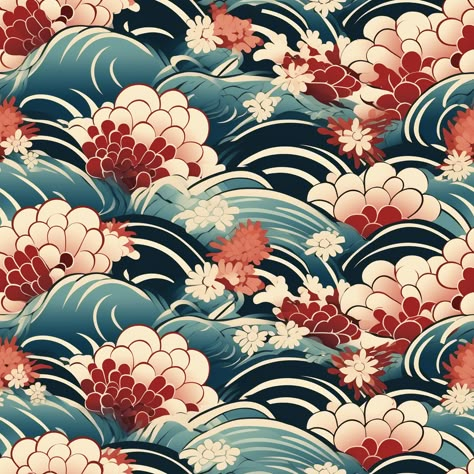 This is an attractive image of a beautiful Japanese wave and flower design. The wave pattern dances elegantly and the flowers are in full bloom, which can be seen at a glance. This design gives off a traditional Japanese feel. The appeal of Japanese patter Ocean Pattern Design, Japan Pattern Design, Japanese Patterns Traditional, Imaginative Composition, Murmuration Art, Kimono Patterns, Beauty Of Japan, Goods Design, Japan Pattern