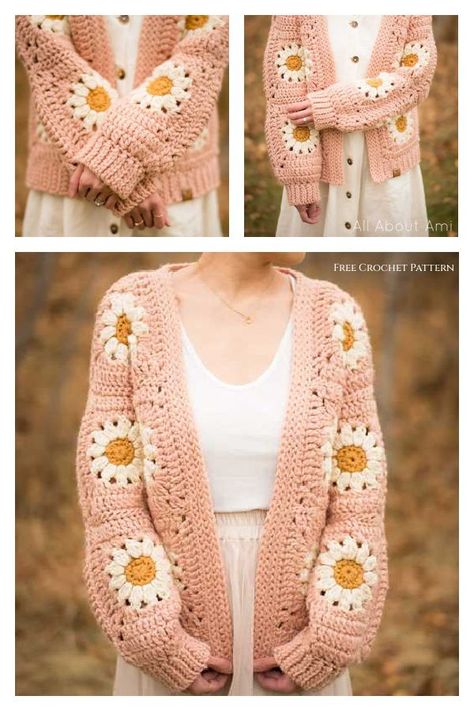 Cozy Days Daisy Cardigan Free Crochet Pattern Phone Bag Crochet, Daisy Cardigan, Granny Square Cardigan, Square Cardigan, Crochet Daisy, Diy Magazine, Bobble Stitch, Shawl Crochet Pattern, Granny Squares