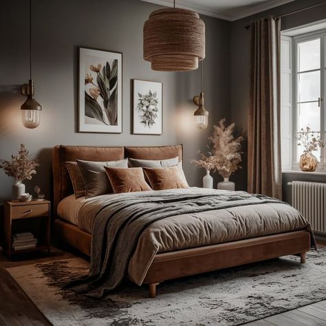 Grey Brown Color Palette Bedroom, Brown Bed Decor Ideas, Grey And Caramel Bedroom, Bedroom With Brown Bed Frame, Masculine Earth Tone Bedroom, Brown Grey Black Bedroom, Brown And Grey Decor, Gray Brown Bedroom Ideas, Beige And Wood Bedroom Ideas