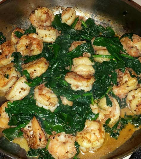 Shrimp & Sautéed Spinach  1 lb of large cleaned shrimp 2 1/2 TBSP olive oil 1 1/2 TBSP Simply Asia Sweet Ginger Garlic Seasoning 1/4 c dry white wine 3 c spinach medium skillet +1 TBSP olive oil heat until shimmer occurs on surface Shrimp And Sauteed Spinach, Shrimp And Spinach, Sauteed Shrimp, Garlic Seasoning, Sauteed Spinach, Texas Roadhouse, Shrimp Dishes, Spinach Recipes, How To Cook Shrimp