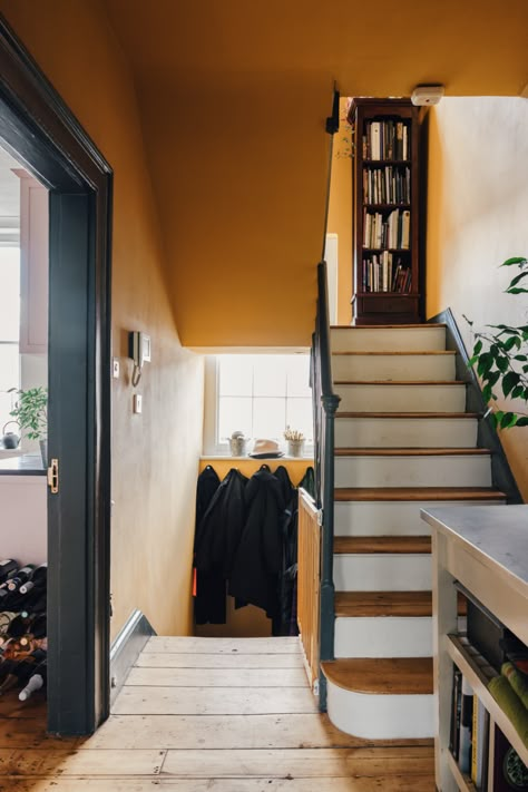 Yellow Hallway, Painted Staircases, Hallway Colours, Hallway Inspiration, Paint And Paper Library, Wooden Floorboards, Hallway Designs, Two Bedroom Apartments, Main Bedroom