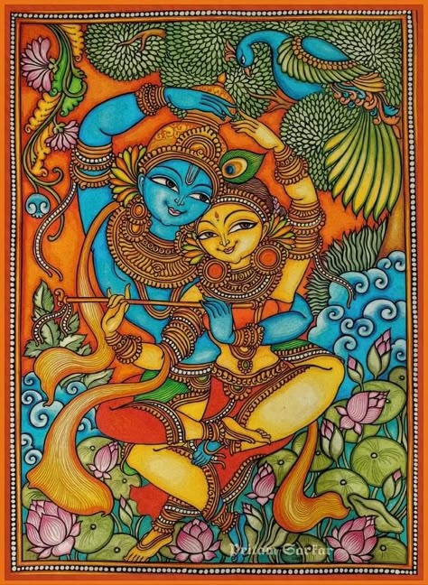 Kerela Murals Paintings Krishna, Kerela Murals Paintings, Onam Theme, Mural Painting Kerala, Krishna Mural Painting, Tanjore Sketches, Canvas Art Painting Acrylic, Mural Paintings, Gond Painting