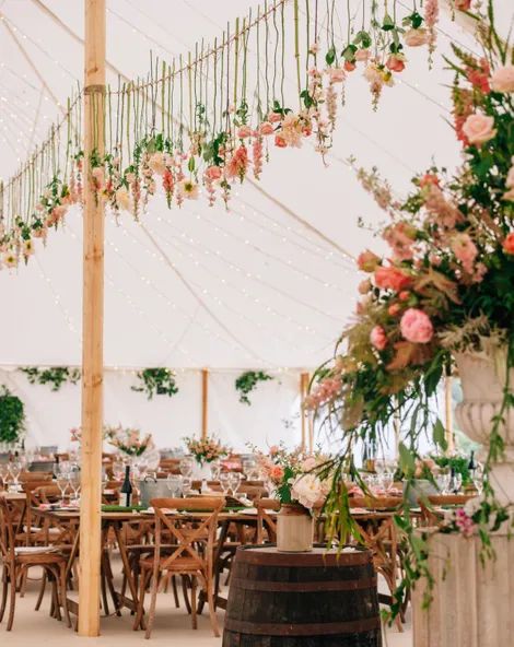 Hanging Flowers Over Table, Marquee Flowers, Hanging Flowers Wedding, Gin Cabinet, Rose Decorations, Natural Wedding Flowers, Marquee Decoration, Wedding Top Table, Donut Display