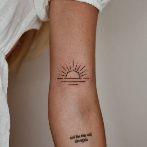 Beach Soul Tattoo, Minimalist Bicep Tattoos For Women, Sea Art Tattoo, Sunrise Tattoo Inner Arm, Sunrise Elbow Tattoo, Sun And Waves Tattoo Simple, Sunset Tattoos Minimalist, Rising Above Tattoo, Boho Sunrise Tattoo