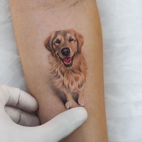 Golden Retriever Portrait Tattoo, Dog Portrait With Flowers Tattoo, Dog Portraits Tattoo, Realistic Dog Portrait Tattoo, Realistic Dog Tattoo, Unique Dog Tattoo Ideas, Dog Tattoo Ideas Memorial, Pet Portrait Tattoo, Tattoos Classy