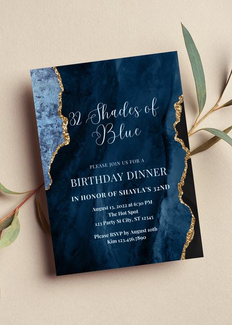 Editable shades of blue birthday dinner invitation perfect for your next birthday party or birthday dinner. This blue and gold invitation can be edited yourself using Canva. If you choose to print yourself the print size is 5x7 and can be printed on cardstock invitation paper. You can also have the completed file taken to your local print shop and have them print. Can also be saved as an image to use as a text invitation or email invitation. All the wording is editable. Details: Shades of Blue Birthday Dinner invitation with blue and gold agate design. Wording can be changed to accommodate all the great milestone birthdays such as sweet 16, 18th birthday, 21st birthday, 30th birthday, 40th birthday, 50th birthday, 60th birthday and so on! Wording can be edited for any occasion. HOW IT WORK Navy Blue 18th Birthday Party Ideas, Blue 50th Birthday Ideas, 50 Shades Of Blue Birthday Party, Invitation Card Design Blue, Blue And Gold Birthday, Birthday Dinner Invitation, Blue Birthday Parties, Silver Invitation, Dinner Party Decorations