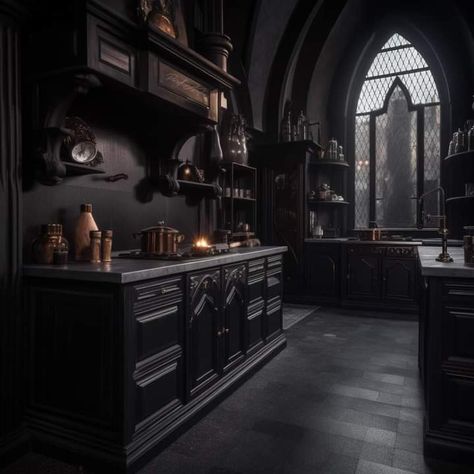 Dark Villain Aesthetic, Snape House, Dark Kitchen Aesthetic, Sims 4 Households, Vampire Eddie, Sims House Build, Dark Academia Kitchen, Pantry Island, Manor Aesthetic