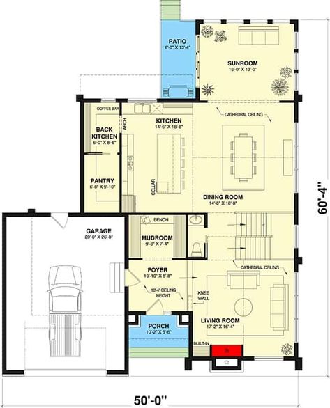 Main level floor plan of a two-story contemporary 3-bedroom home with foyer, living room, dining room, kitchen, sunroom, mudroom, and single garage. Closed Kitchen Floor Plans, Large Sunroom, Contemporary Floor Plans, Bed Contemporary, Buying House, House Craft, Cathedral Ceilings, Basement Floor Plans, Country Craftsman