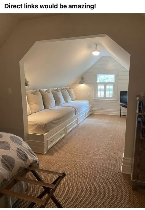 Gable Room Decorating Ideas, Guest Room Above Garage, Bungalow Bedroom Upstairs, Loft Spaces Ideas, Upstairs Bonus Room Ideas, Cool Attic Rooms, Above Garage Bonus Room, Finished Attic Ideas, Low Ceiling Attic