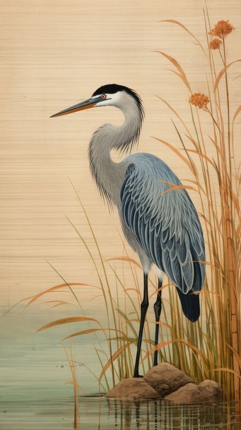 Traditional japanese stunning heron painting | Premium Photo Illustration - rawpixel Crane Pictures, Heron Japanese Art, Crane Photo, Japanese Bird Painting, Crane Bird Painting, Blue Heron Illustration, Japanese Crane Painting, Great Blue Heron Art, Blue Crane