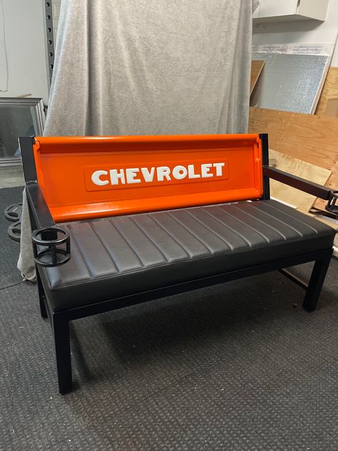 Chevrolet tailgate diy bench Chevy Tailgate Bench, Tailgate Diy, Tailgate Bench, House Outside, Diy Bench, Metal Fabrication, Future House, Chevy, Bench