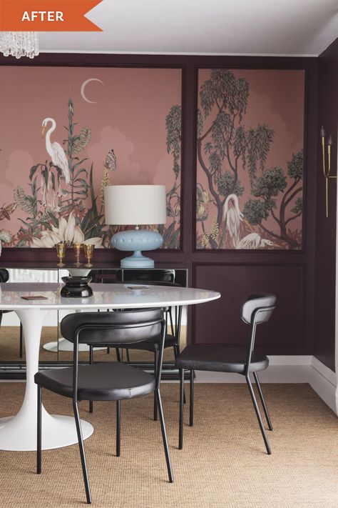 After: Dining room with bird mural Flat Front Cabinets, Moody Dining Room, Purple Dining Room, Red Dining Room, Eclectic Dining, Dining Rug, Mirrored Sideboard, Tiered Chandelier, Two Tone Kitchen