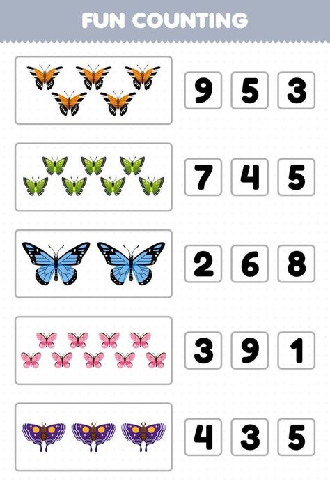 Butterfly Counting Preschool, Butterfly Preschool Activities, Butterfly Math Activities, Butterfly Worksheet, Cute Cartoon Butterfly, Math Worksheets Preschool, Preschool Homework, Insects Kindergarten, Math Activities For Preschoolers