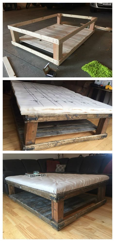 DIY Oversized Tufted Ottoman Coffee Table Upholstered Top shelf wood rustic… Tufted Ottoman Coffee Table, Hairpin Diy, Wood Table Rustic, Diy Wood Headboard, Coffee Table Plans, Wood Table Diy, Diy Ottoman, Elegant Coffee Table, Table Square