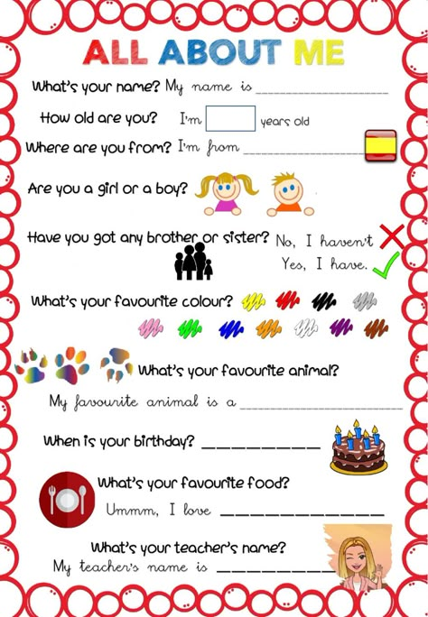 Introducing yourself interactive exercise for Primer y Segundo Ciclo de Primaria. You can do the exercises online or download the worksheet as pdf. All About Me Worksheet For Kids, Introducing Myself Ideas, About Me Worksheets For Kids, About Yourself, About Me Printable, About Me Worksheet, Me Worksheet, All About Me Printable, Introducing Yourself