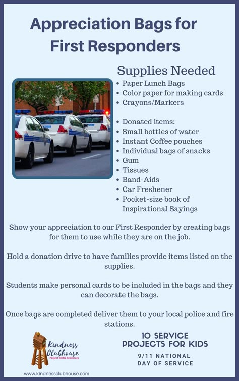 Instructions to do a service project with kids in your classroom for 9/11 Day of Service and Remembrance to show appreciation to our first responders including police officers. Collect items to make bags and give thank you cards. Service Projects For Kindergarteners, Nhs Service Project Ideas, Njhs Service Projects, Community Service Project Ideas, Community Service Projects For Kids, Service Project Ideas, First Responders Day, Family Service Projects, Bama Rush