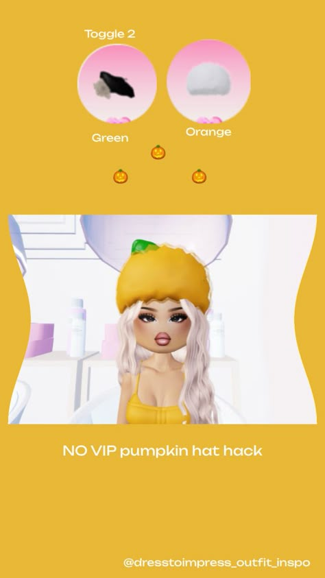 Pumpkin hat! - NO VIP- Pumpkin Hat Dress To Impress, Apple Hat, Bitmoji Outfits, Group Names Ideas, Group Names, Dti Hacks, Dti Fits, Dti Ideas, Pumpkin Hat