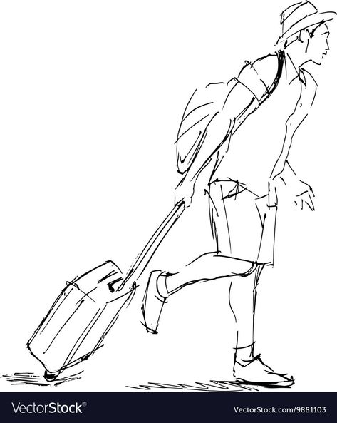 Person With Suitcase, Suitcase Sketch, Tourist Drawing, Luggage Drawing, Tourist Illustration, Suitcase Drawing, Suitcase Illustration, Workshop Illustration, Suitcase Art