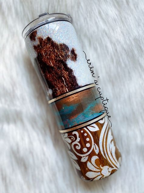 Western Cowhide / Patina / Lace Glitter Tumbler Rustic | Etsy Cowhide Tumbler Cup, Western Tumbler Cups, Western Tumbler Ideas, Patina Tumbler, Rustic Tumbler, Cowgirl Vibes, Custom Crafts, Resin Pens, Tumbler Making