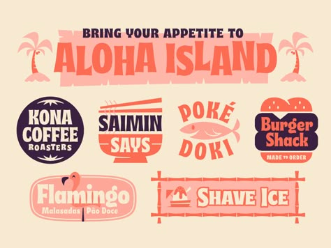 Aloha Island logo island hawaii aloha halloween tiki font type musubi Hawaii Design Graphic, Hawaii Graphic Design, Vacation Branding, Hawaii Branding, Tiki Logo, Tiki Font, Island Branding, Hawaii Logo, Hawaii Design