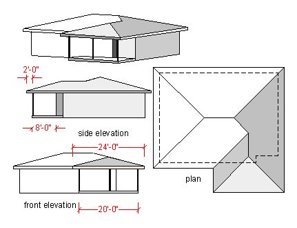 roof top view of attached hip roof carport House Top Roof Design, Roof Plan With Dimensions, Hip Roof Designs For Houses, Gabled Roof Design, Roof Plan Top View, Gable Roof Addition, House Top View, Roof Addition, Roof Top View