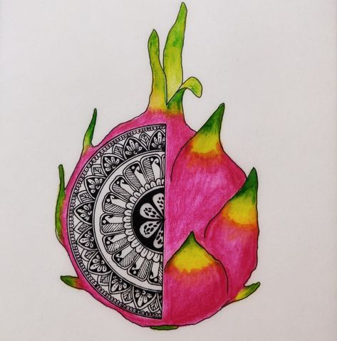 #mandala Fruits Mandala Art, Fruit Mandala Art, Dragon Fruit Drawing, Fruit Mandala, Drama Journal, Fruit Doodle, Celebrity Art Drawings, Sharpie Drawings, Food Art Painting