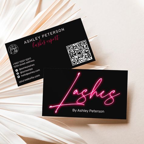 Modern glam pink neon lashes script logo qr code business card Lashes Technician, Neon Lashes, Lash Business Cards, Pink Business Cards, Botanical Rose, Makeup Business Cards, Qr Code Business, Esthetician Marketing, Cute Business Cards