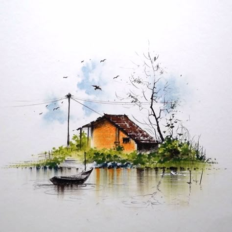 Watercolour Scenery, House Near River, Village Scenery Drawing, Watercolor Scenery Painting, Easy Scenery, Oil Pastel Landscape, Village Scenery, Theatrical Scenery, Jogging Leggings