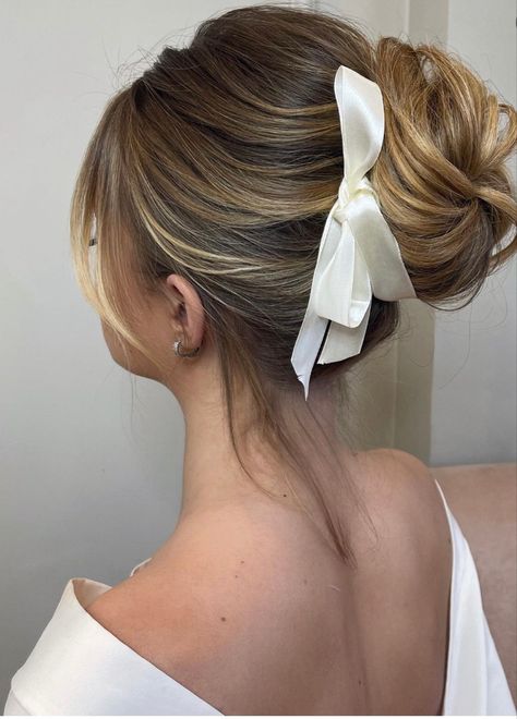 Bridal Hair With Ribbon, Bow Bridal Hair, Up Do With Bow, Updo With Bow, Bridal Hair Ribbon, Bun With Bow, Wedding Updo Tutorial, Hair Bow Bun, Low Bun Wedding Hair