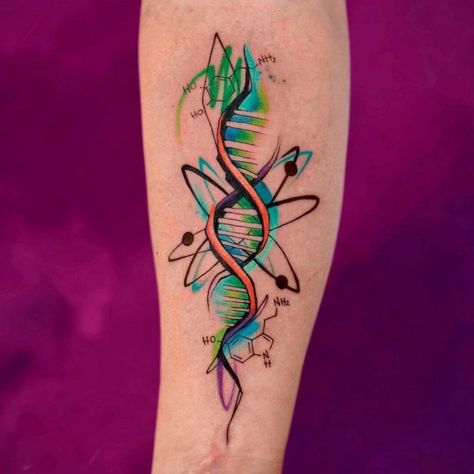 Double Helix Tattoo, Helix Tattoo Ideas, Helix Tattoo, Scientific Tattoo, Atom Tattoo, Serotonin Tattoo, Diy Tattoos, Chemistry Tattoo, Molecule Art