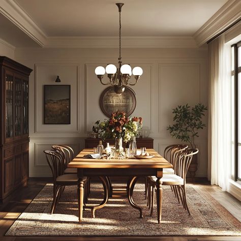 Vintage-Inspired Dining Room Ideas: Creating a Timeless and Elegant Space Ralph Lauren Dining Room Decor, Dining Table Decor Vintage, Dining Room With Antique Table, Modern English Country Dining Room, Dining Room With Antique Furniture, Tudor Dining Room Ideas, Dining Room Traditional Classic, Light Moody Dining Room, Mixed Wood Tones Dining Room