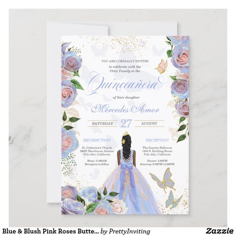 Blue & Blush Pink Roses Butterfly Quinceanera Invitation Roses Butterfly, Butterfly Invitations, Quinceanera Invitation, Green Roses, Iridescent Purple, Celebration Ideas, Quinceanera Invitations, 15th Birthday, Lavender Blue