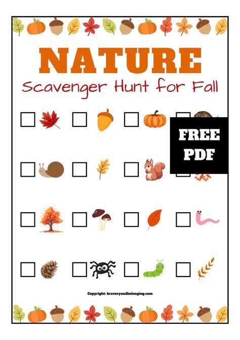 Pin has a Fall Nature Scavenger Hunt Ideas for Kids on it and a little note stuck to the side saying, free pdf. Preschool Fall Scavenger Hunt Printable, Autumn Scavenger Hunt Printable, Fall Outdoor Toddler Activities, Fall Outdoor Scavenger Hunt For Kids, Fall Scavenger Hunt Preschool, Kindergarten Scavenger Hunt, Toddler Fall Activities, Outdoor Scavenger Hunt Ideas, Fall Scavenger Hunt For Kids