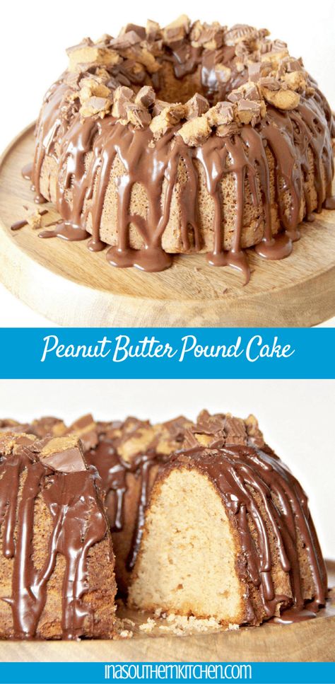 Peanut Butter Pound Cake topped with chocolate glaze and crumbled Reese's Peanut Butter Cups. If they could put Heaven on a plate, this would be it. Peanut Butter Pound Cake Recipe, Peanut Butter Pound Cake, Apple Brownies, Valentine Dessert, Butter Pound Cake, Reese's Peanut Butter Cups, Cake Pop Recipe, Peanut Butter Cake, Salty Cake