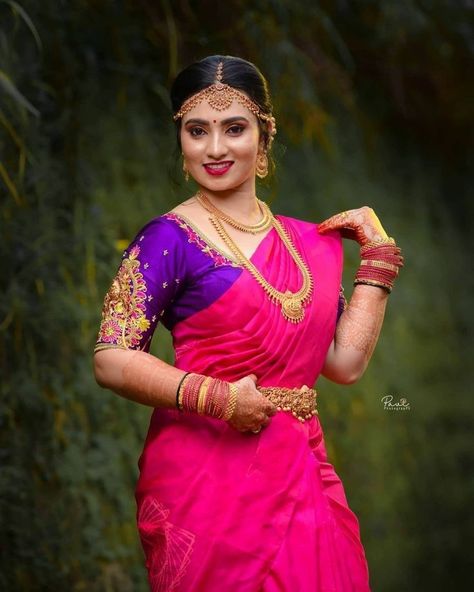 Mangala Snanam Stills, Puberty Poses, Contrast Blouse Designs, Blouse Designs For Silk Sarees, Mangala Snanam, Contrast Saree, Telugu Bride, Indian Bride Poses, Indian Bride Photography Poses