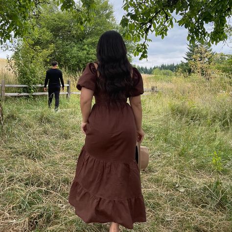 Dark Brown Midi Dress, Modest Brown Outfits, Dark Brown Wedding Guest Dress, Brown Fall Dresses, Brown Summer Dress Outfit, Brown Cottagecore Dress, Brown Dress Engagement Photos, Fall Church Dresses, Casual Maxi Dress Fall