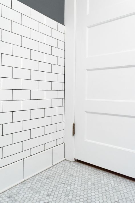 Running Bond Offset tile pattern subway in bathroom The Gold Hive Offset Tile Pattern, Old House Charm, Bathroom Baseboard, Tile In The Bathroom, Historic Bungalow, Tile Baseboard, Ada Bathroom, Subway Tiles Bathroom, New House Bathroom