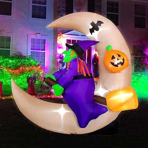 BESTPARTY 4.6ft Long Halloween Inflatable Witch Sitting on The Moon Decoration, LED Blow Up Lighted Decor Indoor Outdoor Holiday Art Decor Decorations Moon Decoration, Halloween Blow Ups, Sitting On The Moon, Holiday Inflatables, Halloween Figures, Outdoor Inflatables, Inflatable Decorations, Halloween Inflatables, Moon Decor