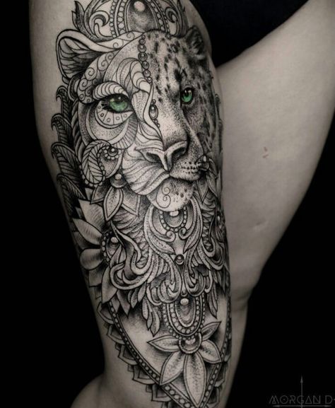 Tiger Mandala Tattoo Tiger Mandala Tattoo, Mandela Tattoo, Upper Thigh Tattoos, Lioness Tattoo, Leopard Tattoos, Tattoo Thigh, Tattoo Dotwork, Leo Tattoos, Make Tattoo