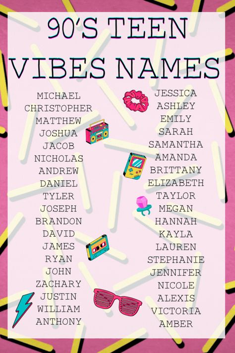 Names that were popular in the 1990s for teens. Baby names. Girls names. Boys names. 1980s Names, 90s Names, 80s Names, S Boy Names, Y2k Names, File Aesthetic, Comic Help, Top 100 Names, Hazbin Oc