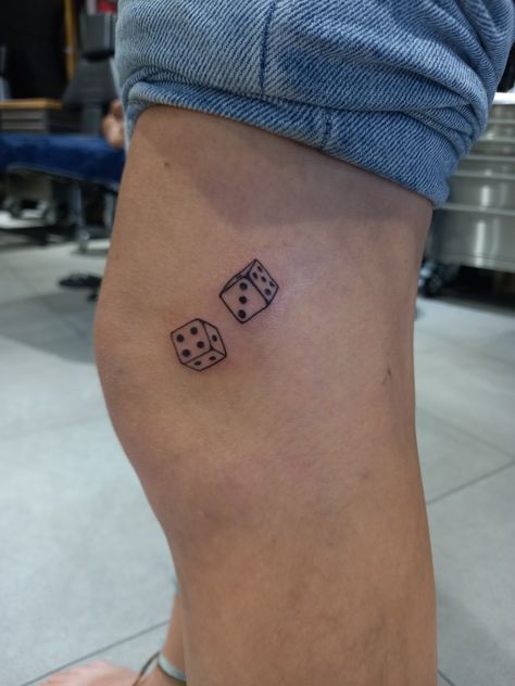 Mini Dice Tattoo, Dice Fine Line Tattoo, Matching Dice Tattoo, Dainty American Traditional Tattoo, Dice Tattoo Placement, Hanging Dice Tattoo, Dice American Traditional Tattoo, Unique Dice Tattoo, Bowling Pin Tattoo