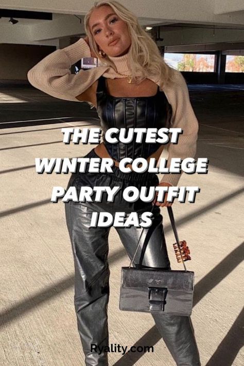 these are such cute cold going out outfits for college Winter College Outfits Cold Weather, Winter Drinks Outfit, Cold Going Out Outfits, Going Out Outfits Bar, Winter College Outfits, Winter Clubbing, Winter Party Outfit Night, Going Out Winter Outfits, Frat Party Outfit