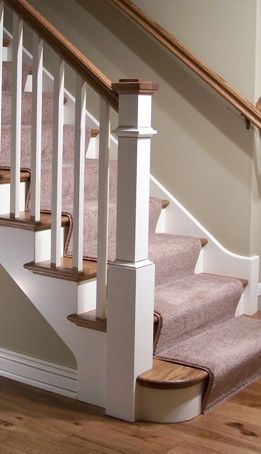 Rounded Bottom Step Stairs, Stairs With Rounded Bottom Step, Rounded Bottom Stair, Craftsman Stairs, Craftsman Staircase, Round Stairs, Stair Makeover, Stair Gallery, Handrail Design