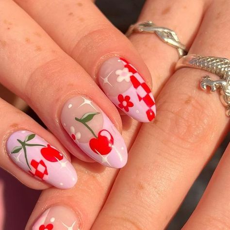 Gabby (Nail Artist) on Instagram: "Sweet sweet disco cherries 🍒   inspo @nail.brat" Cherry Nail Designs, Disco Nails, Matte Nail Colors, Cherry Nail Art, Cherry Nail, Sky Blue Nails, Bow Nail Art, White Tip Nails, Cherry Blossom Design