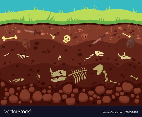 Archeology Illustration, Ground Illustration, Drawing History, Historic Artifacts, Under Ground, Murals For Kids, Design Fonts, Soil Layers, Animal Bones