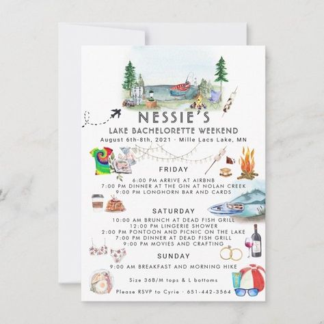 Bachelorette Weekend Itinerary  Summer Camp  Zazzle Camp Invitation, Bachelorette Card, Lake Bachelorette, Fun Bachelorette Party Ideas, Bachelorette Party Photo, Camp Bach, Bachelorette Weekend Itinerary, Fun Bachelorette Party, Bach Weekend