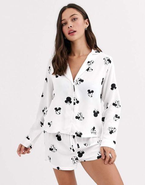 Asos Design ASOS DESIGN Disney Mickey Mouse shirt & short pyjama set in 100% modal-White Mickey Mouse Pajamas, Pijamas Women, Cute Disney Outfits, Mickey Mouse Shirt, Maternity Pajamas, Lounge Sweater, Disney Pajamas, Cute Sleepwear, Cute Pajama Sets